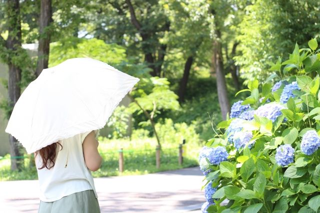 日焼け止めを塗って散歩に出る女性